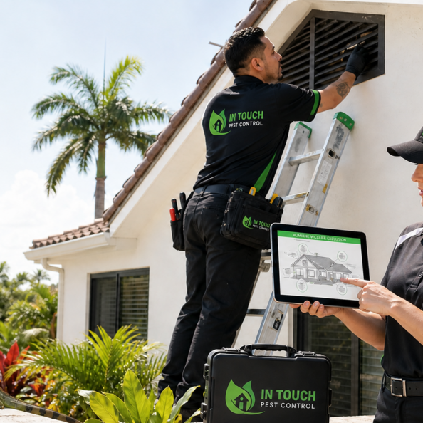 In Touch Pest Control technicians inspecting an attic vent for humane wildlife exclusion
