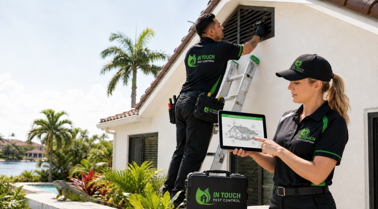 In Touch Pest Control technicians inspecting an attic vent for humane wildlife exclusion