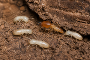 Close-up subterranean termites in soil and wood for the In Touch Pest Control termite pest guide