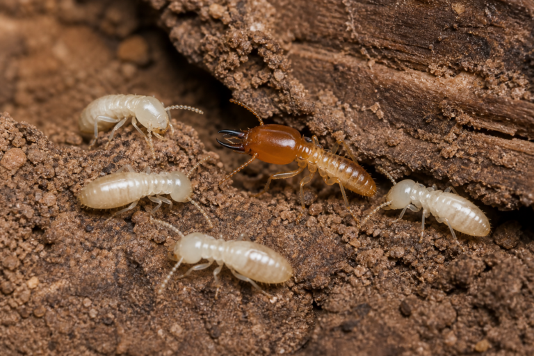 Close-up subterranean termites in soil and wood for the In Touch Pest Control termite pest guide