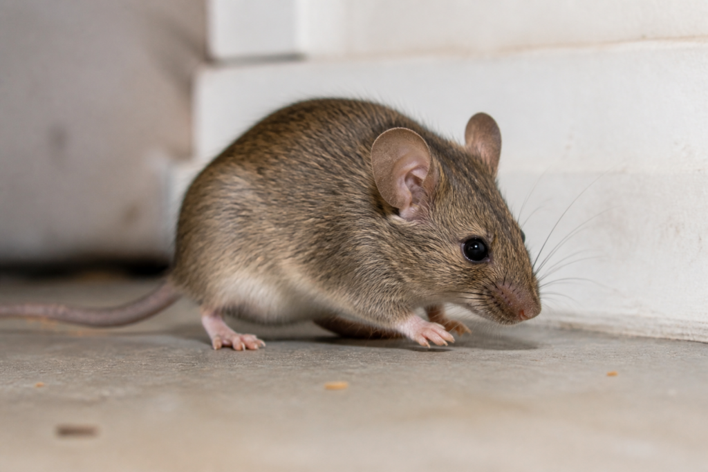 Close-up house mouse near a baseboard for the In Touch Pest Control house mice pest guide