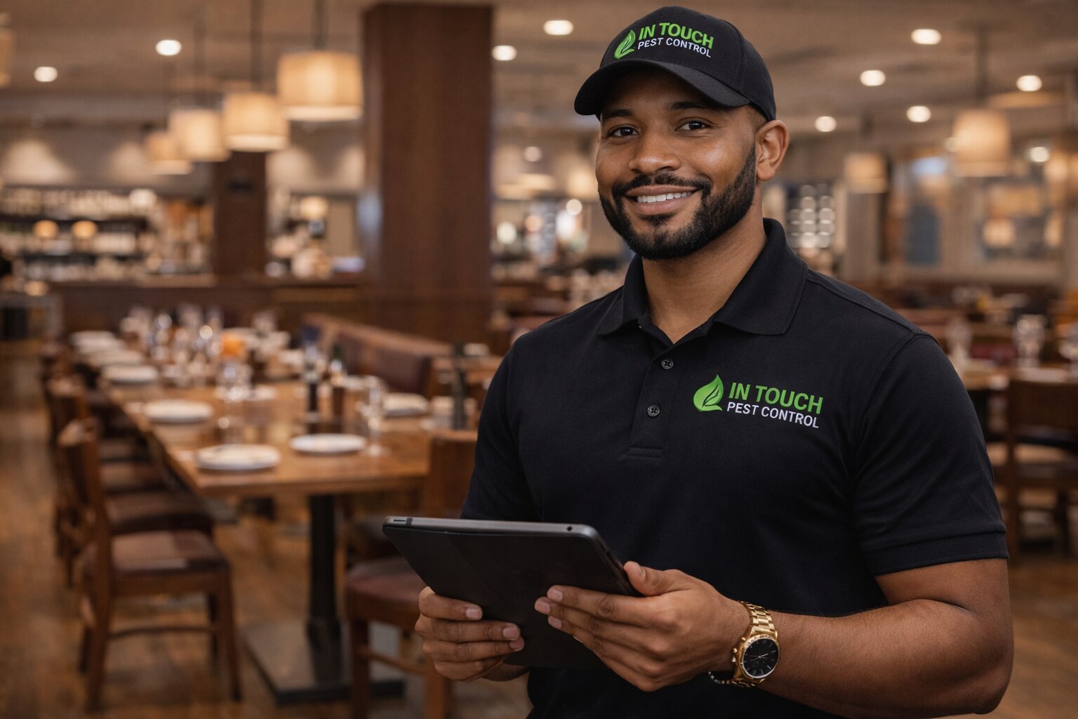 In Touch Pest Control service technician inspecting a commercial kitchen and restaurant environment