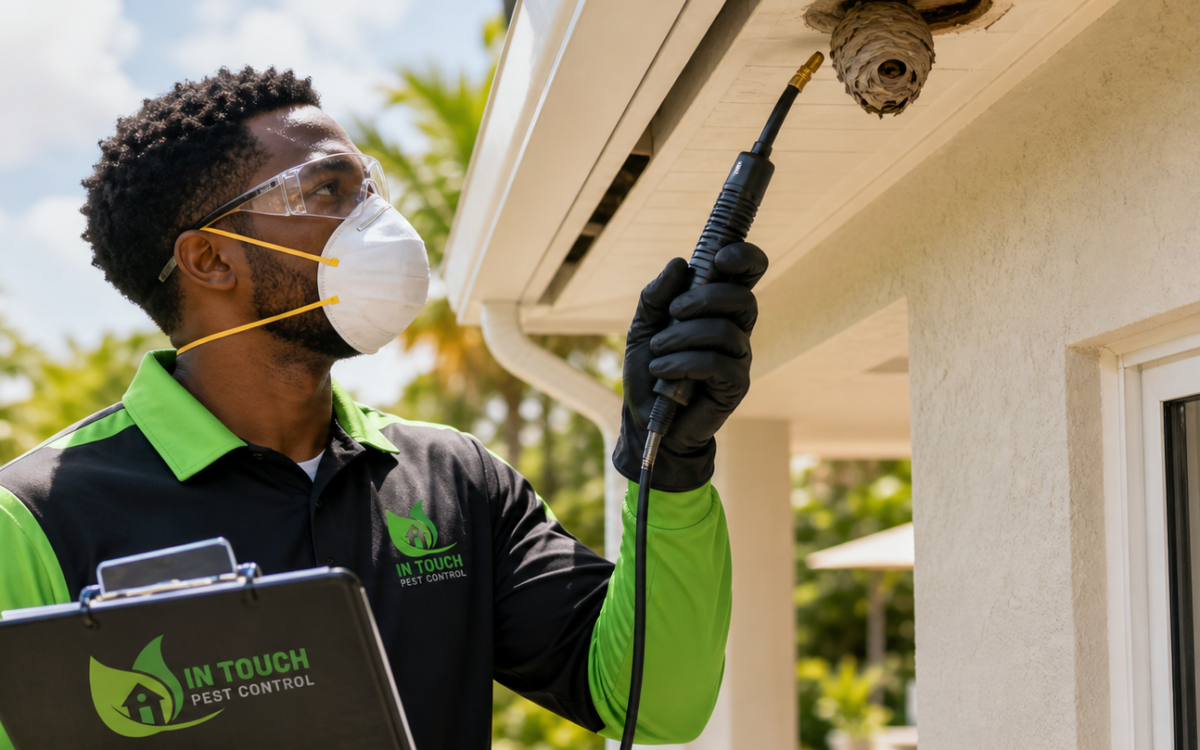 In Touch Pest Control technician safely treating a wasp nest at a South Florida home