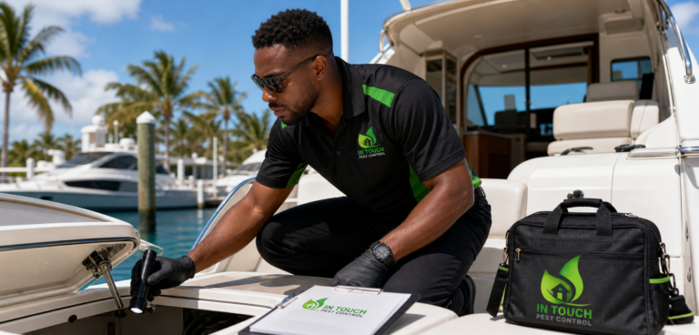 In Touch Pest Control technician inspecting a boat at a South Florida marina