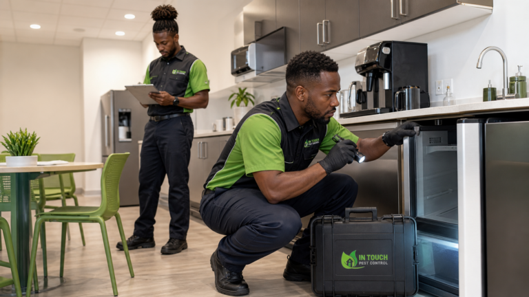In Touch Pest Control technicians inspecting a South Florida office break room for pest activity
