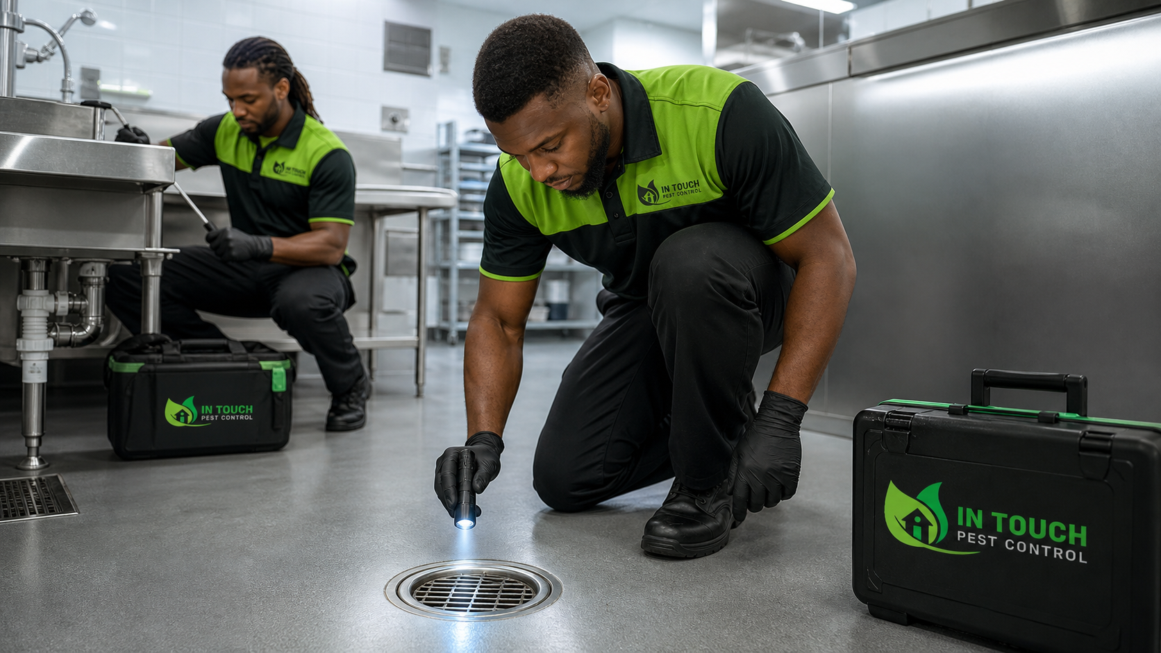 In Touch Pest Control technicians inspecting South Florida commercial kitchen drains for drain fly control