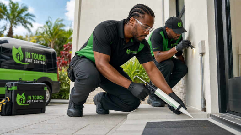 In Touch Pest Control technicians sealing pest entry points around a South Florida building doorway