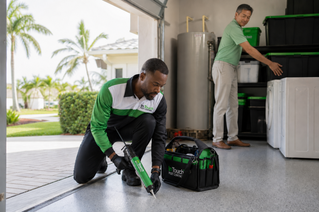 In Touch Pest Control technician sealing a garage threshold while a homeowner organizes storage