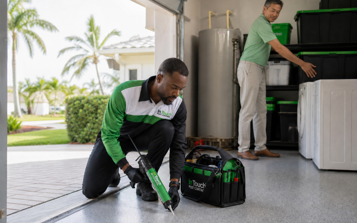 In Touch Pest Control technician sealing a garage threshold while a homeowner organizes storage