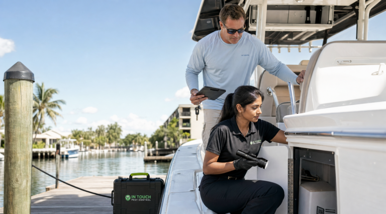 In Touch Pest Control technician inspecting a boat at a South Florida marina