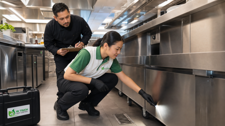 In Touch Pest Control technician inspecting a commercial kitchen with a kitchen manager