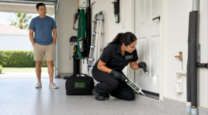 In Touch Pest Control technician sealing a garage entry point while a homeowner observes