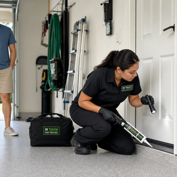 In Touch Pest Control technician sealing a garage entry point while a homeowner observes