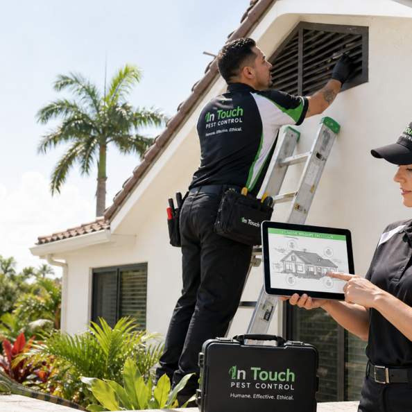 In Touch Pest Control technicians inspecting an attic vent for humane wildlife exclusion