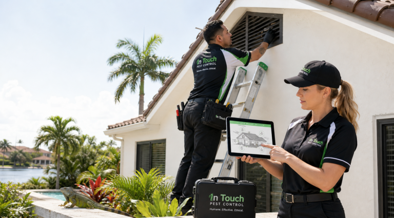 In Touch Pest Control technicians inspecting an attic vent for humane wildlife exclusion