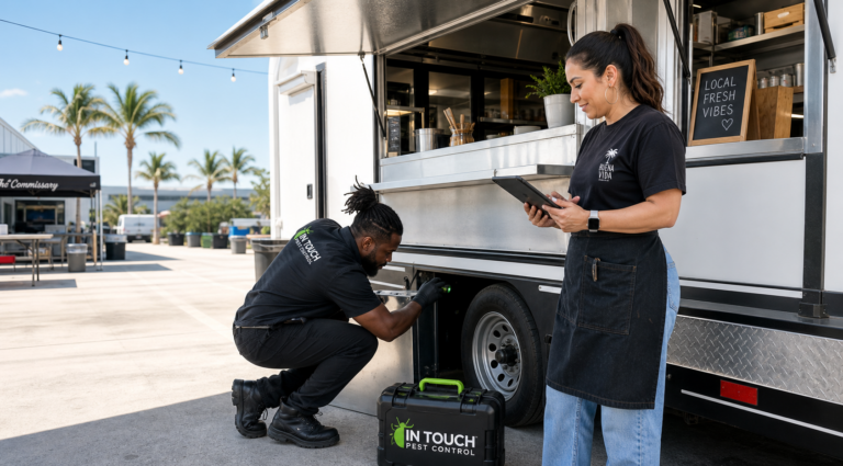 In Touch Pest Control technician inspecting a South Florida food truck with the owner nearby