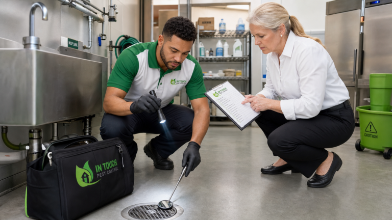 In Touch Pest Control technician inspecting a utility room floor drain and moisture zone