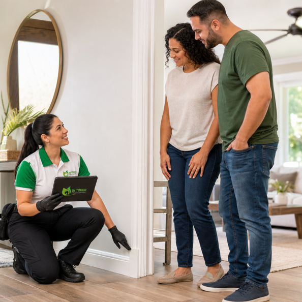 In Touch Pest Control technician inspecting a South Florida home with a homeowner nearby