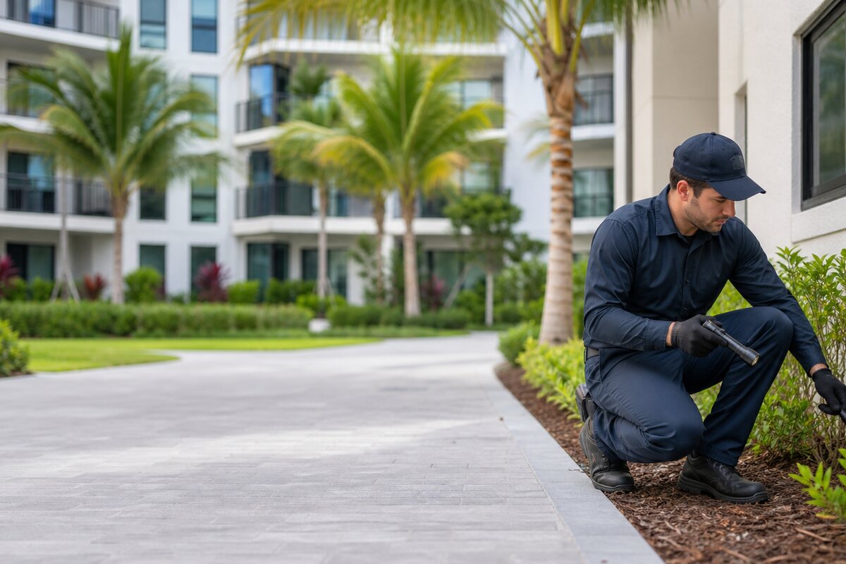 Pest control technician inspecting an apartment and condo community exterior in South Florida