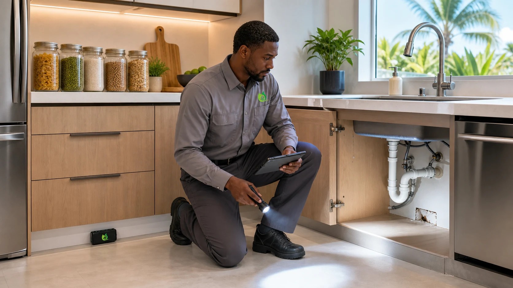 In Touch Pest Control technician inspecting a South Florida kitchen with visible food storage, monitoring, drain, and plumbing entry-point zones
