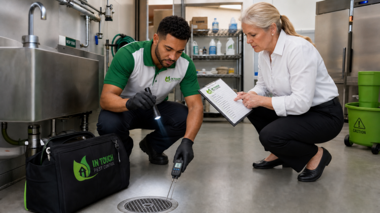 In Touch Pest Control technician checking a utility room drain with a moisture meter