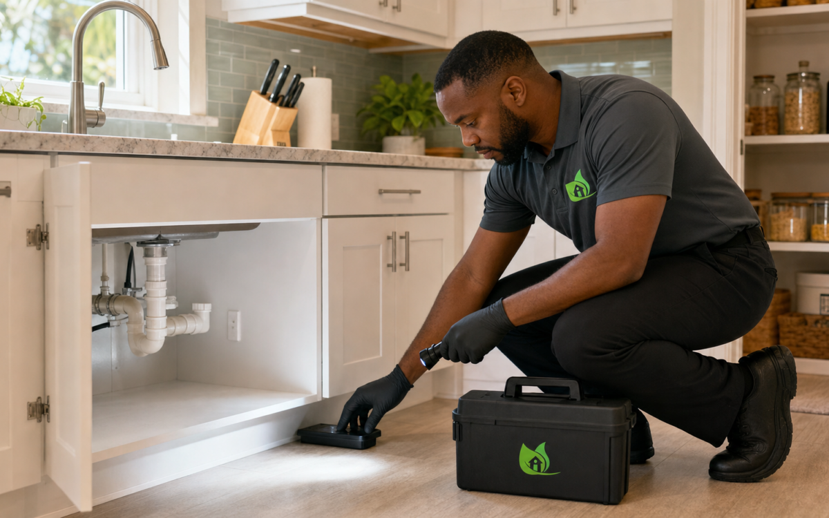 In Touch Pest Control technician inspecting a South Florida kitchen for ant entry points and cabinet activity