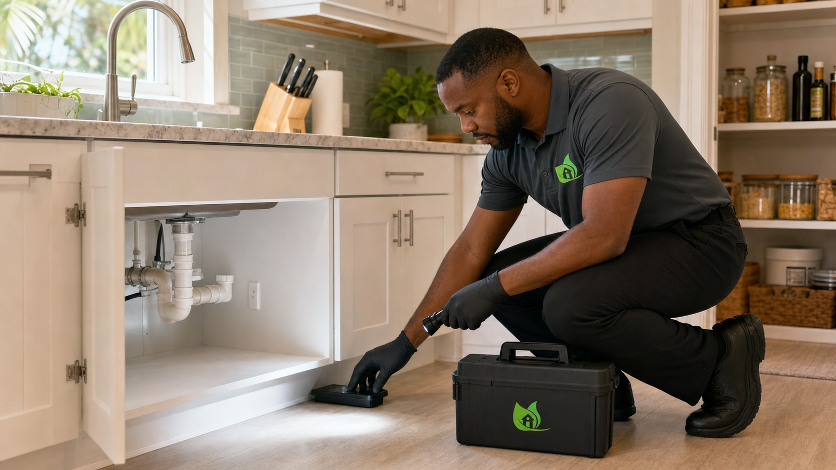 In Touch Pest Control technician inspecting a South Florida kitchen for ant entry points and cabinet activity