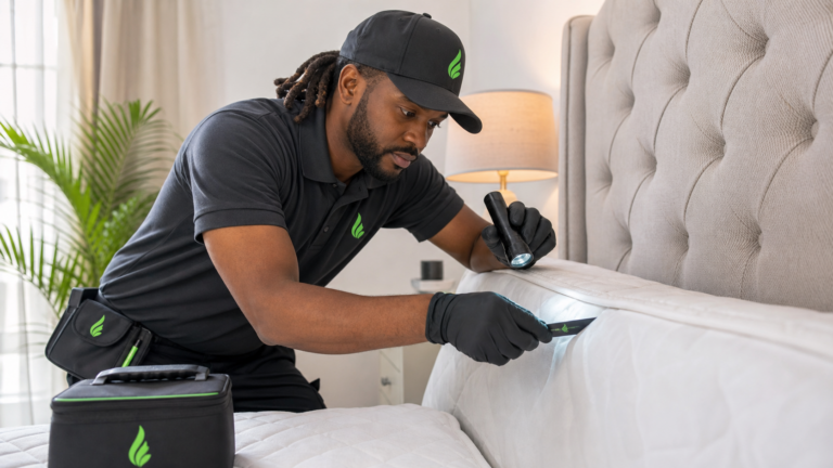 Black Caribbean In Touch Pest Control technician inspecting bedroom bedding for bed bug evidence
