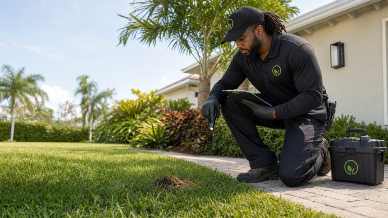 Black Caribbean In Touch Pest Control technician inspecting a fire ant mound in a South Florida yard