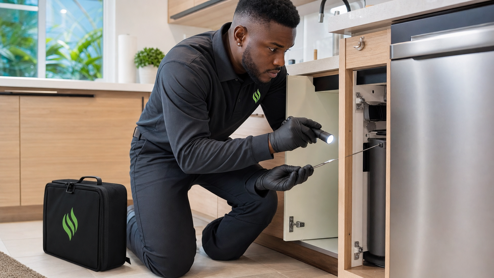 Black Caribbean In Touch Pest Control technician inspecting kitchen cabinets for German cockroach activity