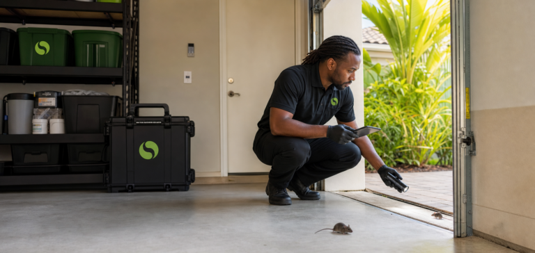Black Caribbean In Touch Pest Control technician inspecting a garage door gap for mouse entry points