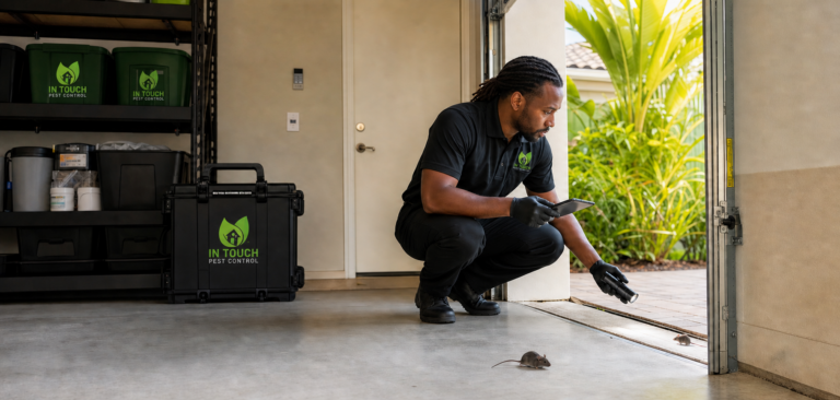 In Touch Pest Control technician inspecting a garage door gap for mouse entry points
