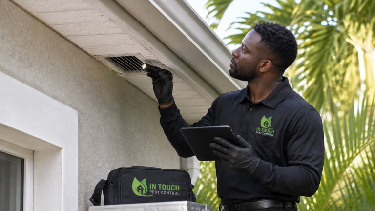 In Touch Pest Control technician inspecting a soffit vent for wildlife entry points