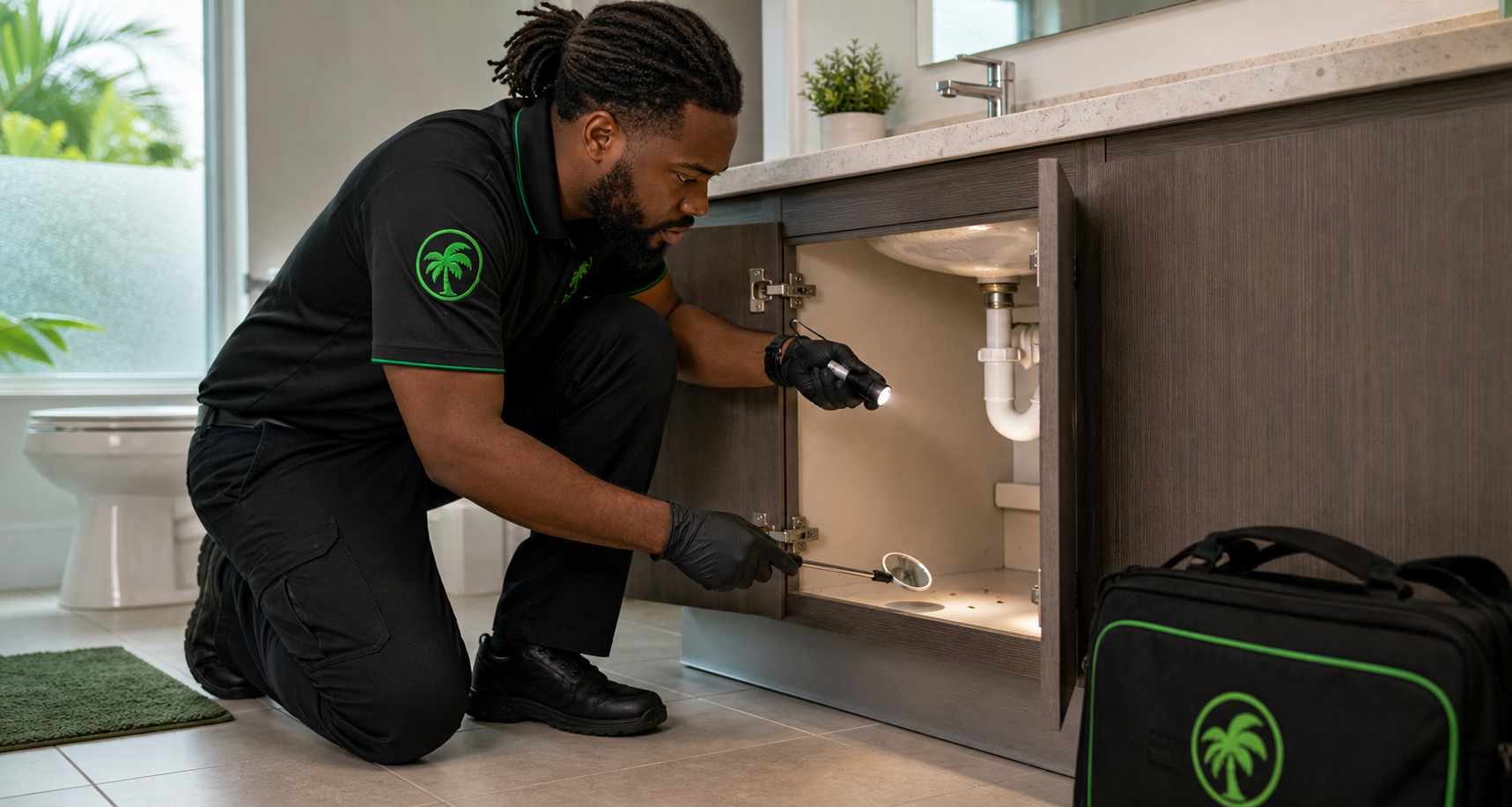 Black Caribbean In Touch Pest Control technician inspecting bathroom plumbing for cockroach activity