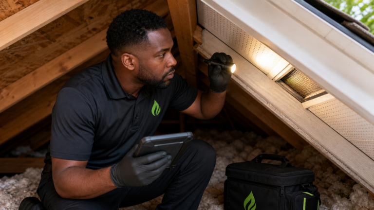 Black Caribbean In Touch Pest Control technician inspecting an attic vent for roof rat entry points