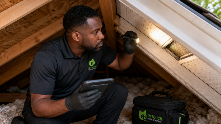 In Touch Pest Control technician inspecting an attic vent for roof rat entry points