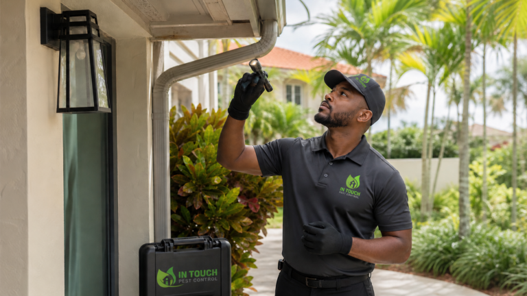 In Touch Pest Control technician inspecting a home exterior for wasp nesting activity
