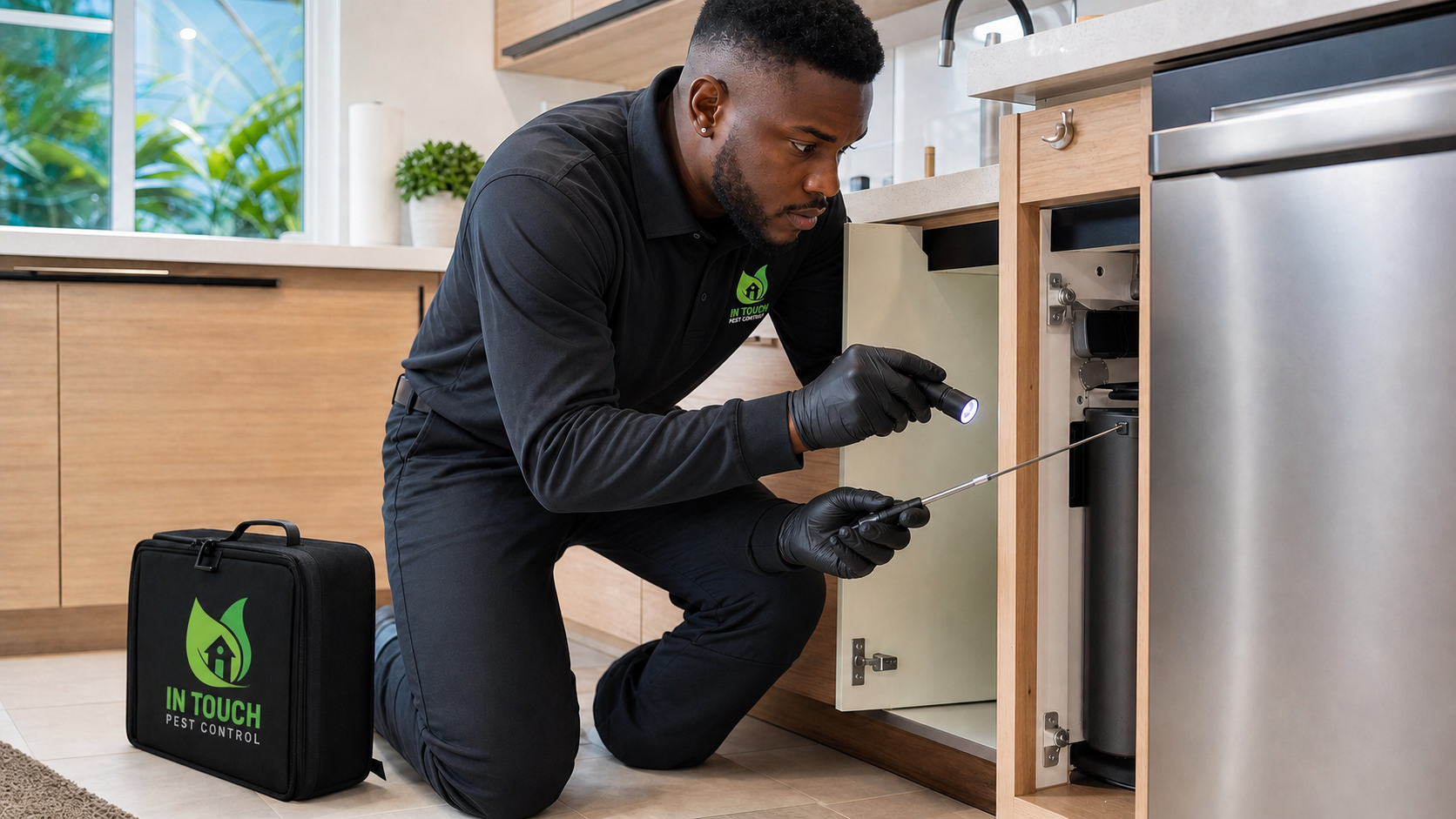 In Touch Pest Control technician inspecting kitchen cabinets for pest activity