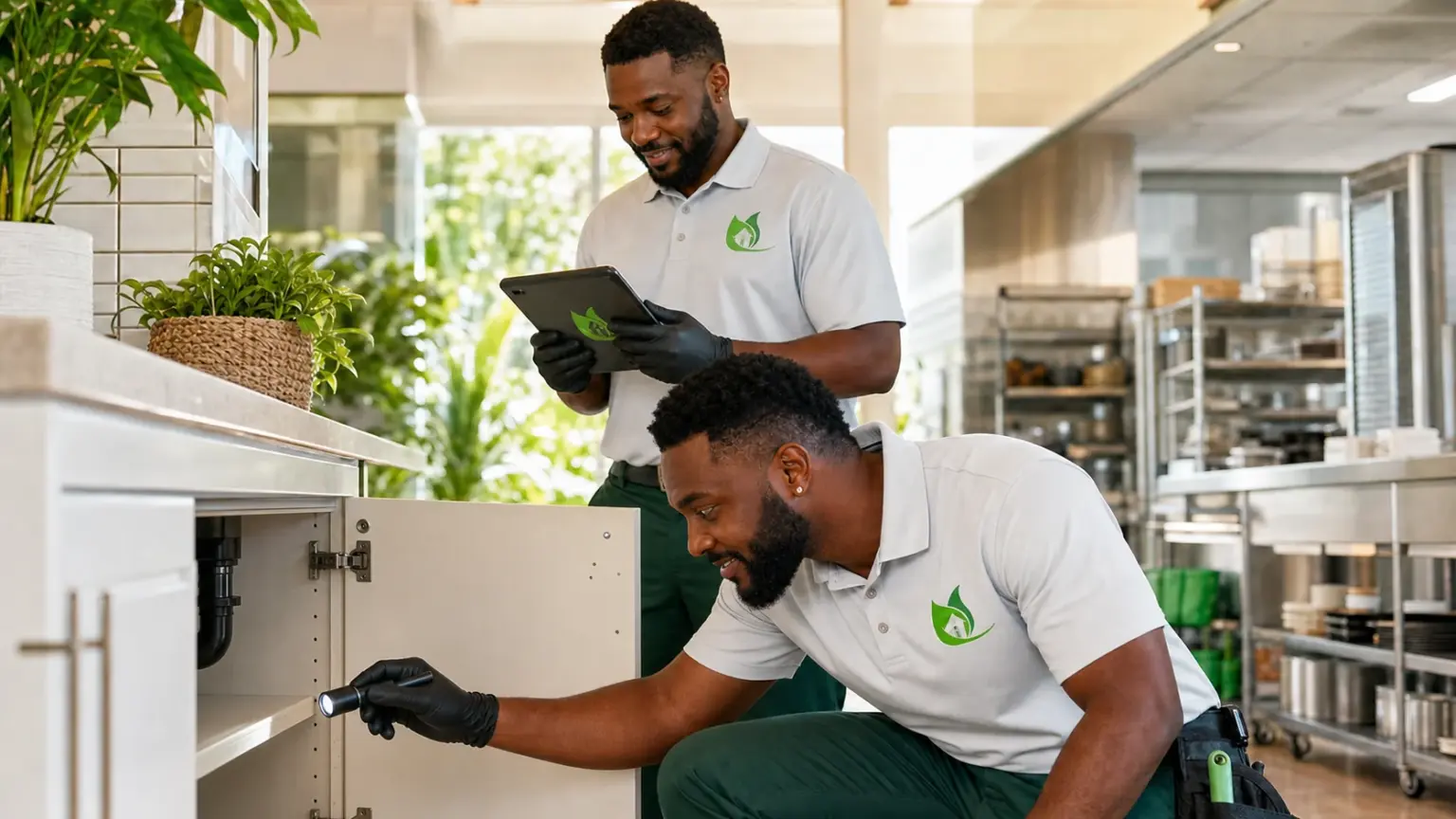 In Touch Pest Control technician inspecting inside an open kitchen cupboard for pest entry points