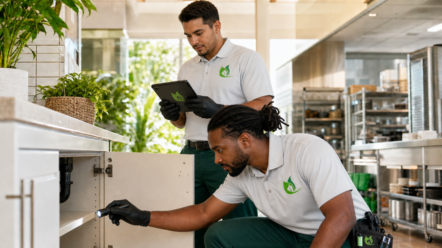 In Touch Pest Control technicians inspecting kitchen service areas for pest entry points