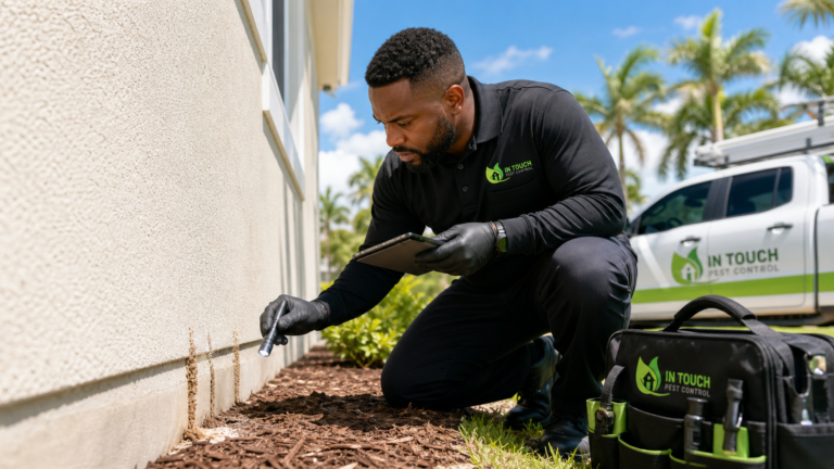 In Touch Pest Control technician inspecting a South Florida home foundation for subterranean termites