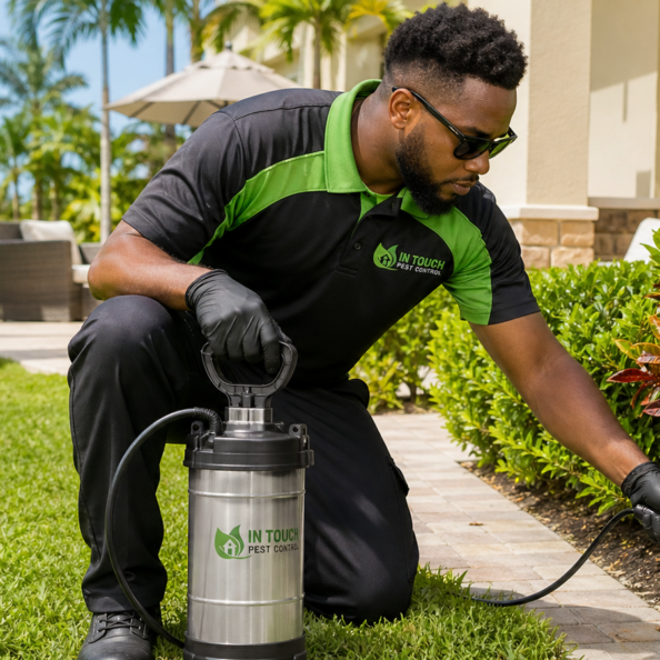In Touch Pest Control technician treating lawn and outdoor perimeter areas in South Florida