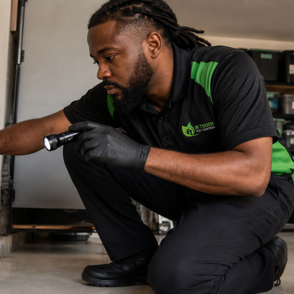 In Touch Pest Control technician inspecting rodent entry points in a South Florida garage
