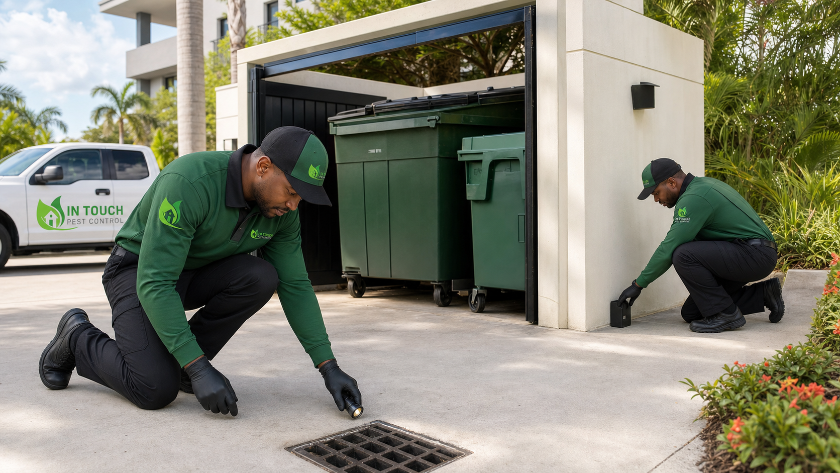 In Touch Pest Control technicians inspecting a South Florida commercial trash area with monitoring equipment