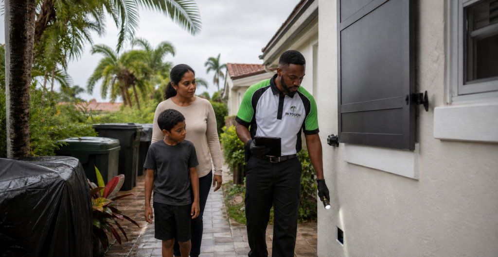 In Touch Pest Control technician checking a home exterior with a family during hurricane season