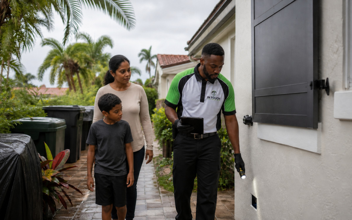 In Touch Pest Control technician checking a home exterior with a family during hurricane season