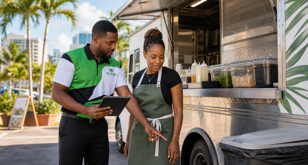 Black Caribbean In Touch Pest Control technician reviewing pest prevention with a South Florida food truck owner.