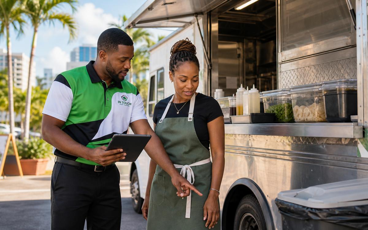 Black Caribbean In Touch Pest Control technician reviewing pest prevention with a South Florida food truck owner.