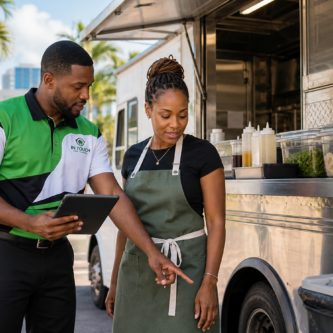 Black Caribbean In Touch Pest Control technician reviewing pest prevention with a South Florida food truck owner.