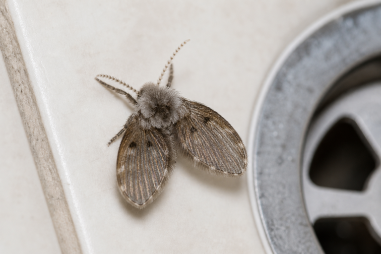 Close-up drain fly near a drain for the In Touch Pest Control drain fly pest guide